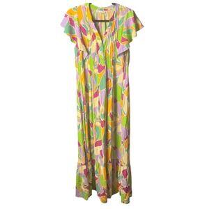 Easel Los Angeles Abstract Print Flutter Sleeve Tiered Maxi Dress Small ED70284